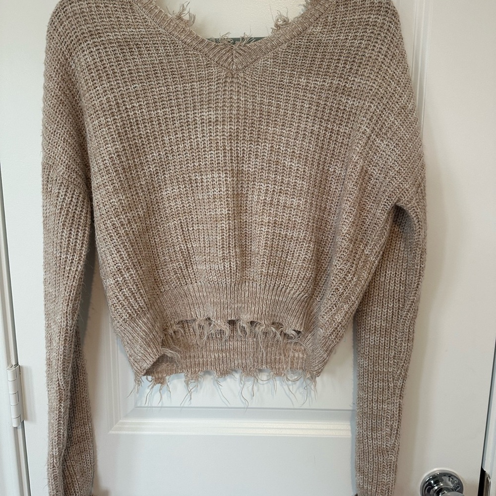 Cloud Chaser Tan V-Neck Sweater with Ribbed Knit